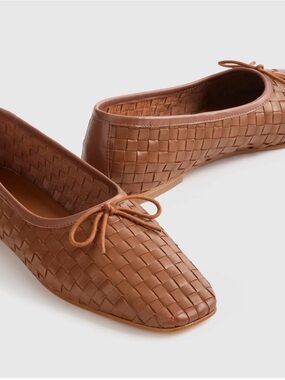 Quince Italian Leather Handwoven Square Toe Ballet Flat Cognac Shoes NEW